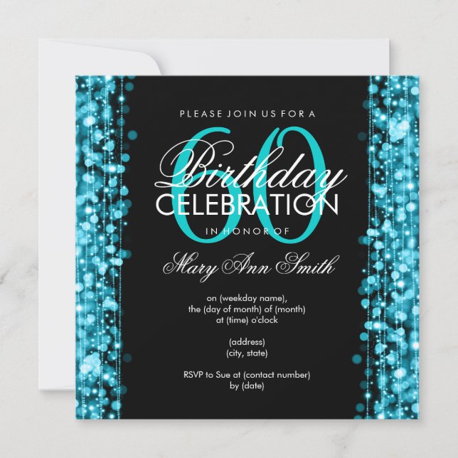 Elegant 60th Birthday Party Sparkles Turquoise Invitation (Front)