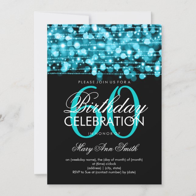 Elegant 60th Birthday Party Sparkles Turquoise Invitation (Front)
