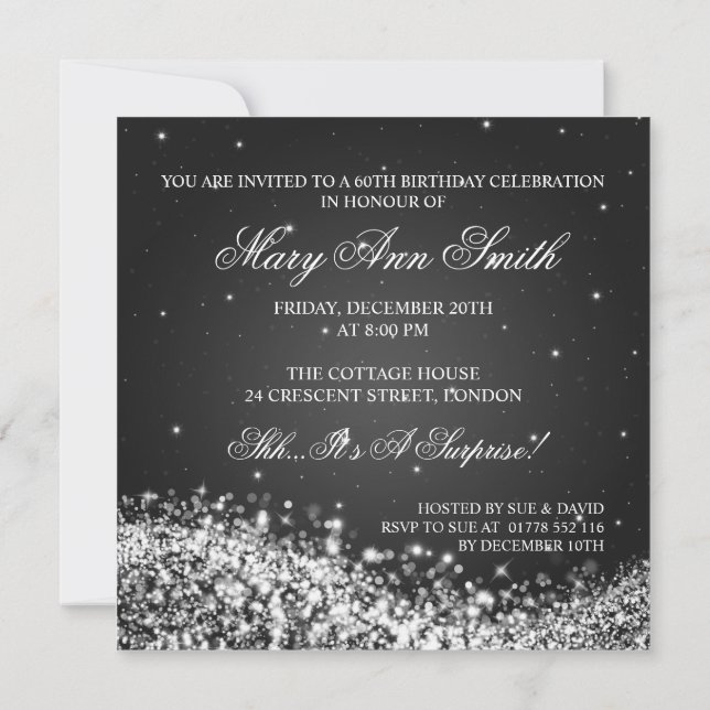 Elegant 60th Birthday Party Sparkling Wave Black Invitation (Back)
