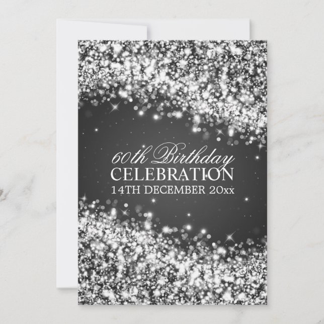Elegant 60th Birthday Party Sparkling Wave Black Invitation (Front)