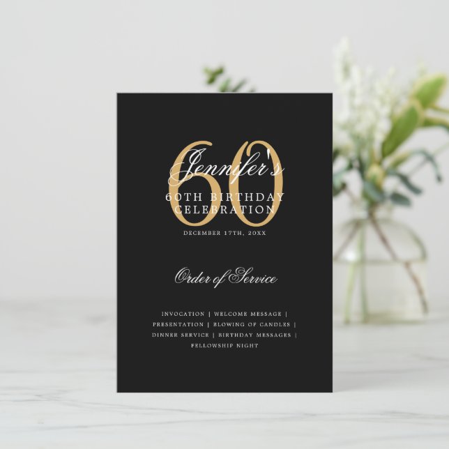 Elegant 60th Birthday Program Gold Black w/ Menu Invitation (Standing Front)