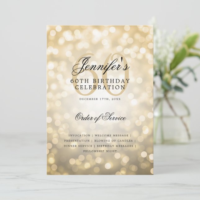 Elegant 60th Birthday Program Gold Bokeh w/ Menu Invitation (Standing Front)