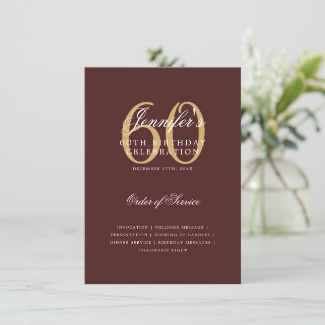Elegant 60th Birthday Program Gold Burgundy Menu Invitation (Standing Front)