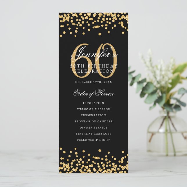 Elegant 60th Birthday Program Gold Confetti Menu Invitation (Standing Front)