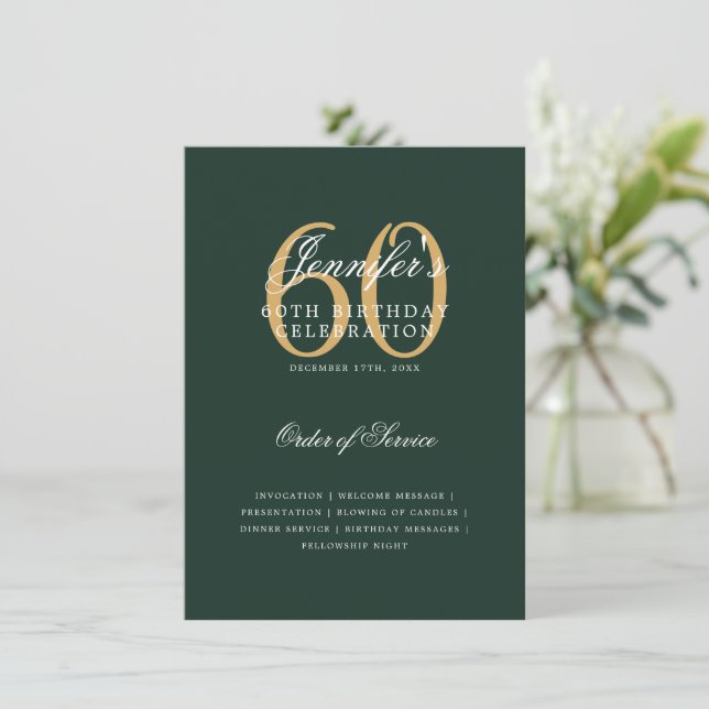 Elegant 60th Birthday Program Gold Green Menu Invitation (Standing Front)