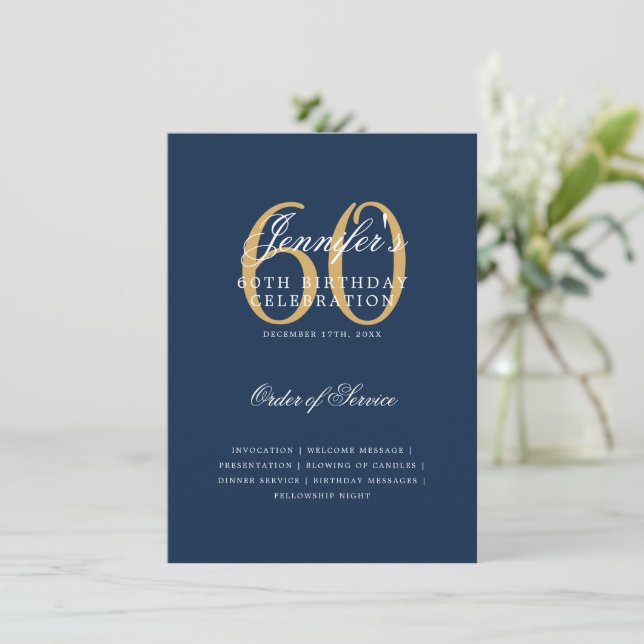 Elegant 60th Birthday Program Gold Navy Menu Invitation (Standing Front)