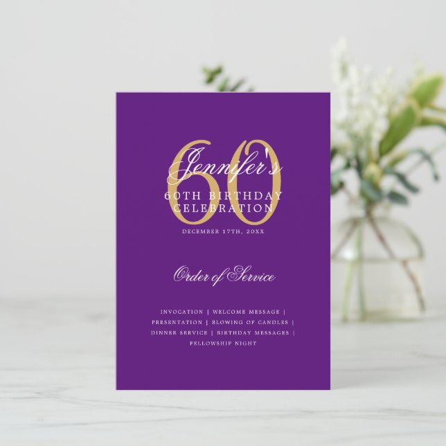 Elegant 60th Birthday Program Gold Purple Menu Invitation (Standing Front)