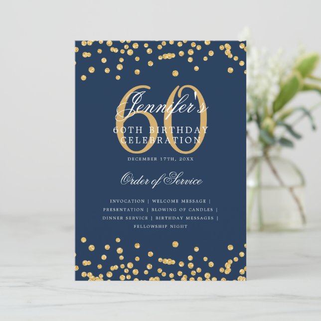 Elegant 60th Birthday Program Menu Gold Navy Blue Invitation (Standing Front)