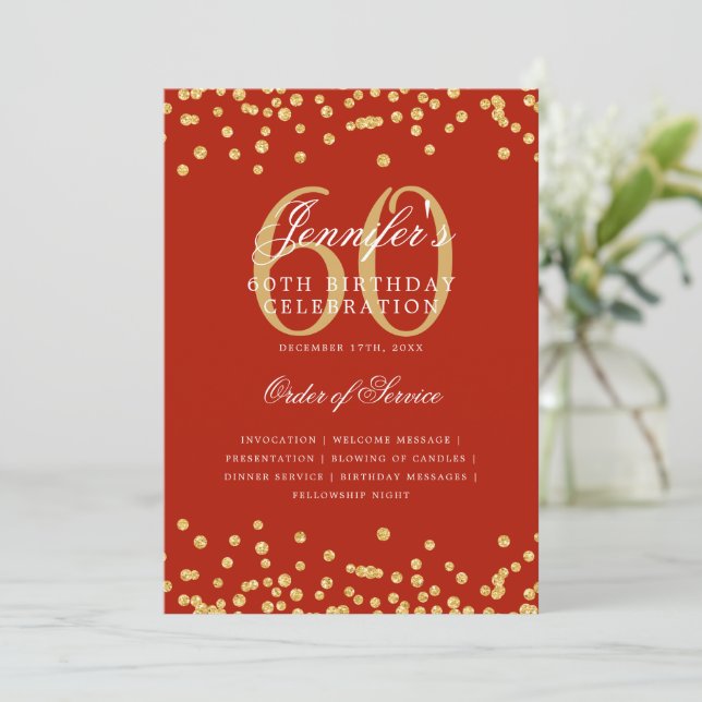 Elegant 60th Birthday Program Menu Gold Red  Invitation (Standing Front)