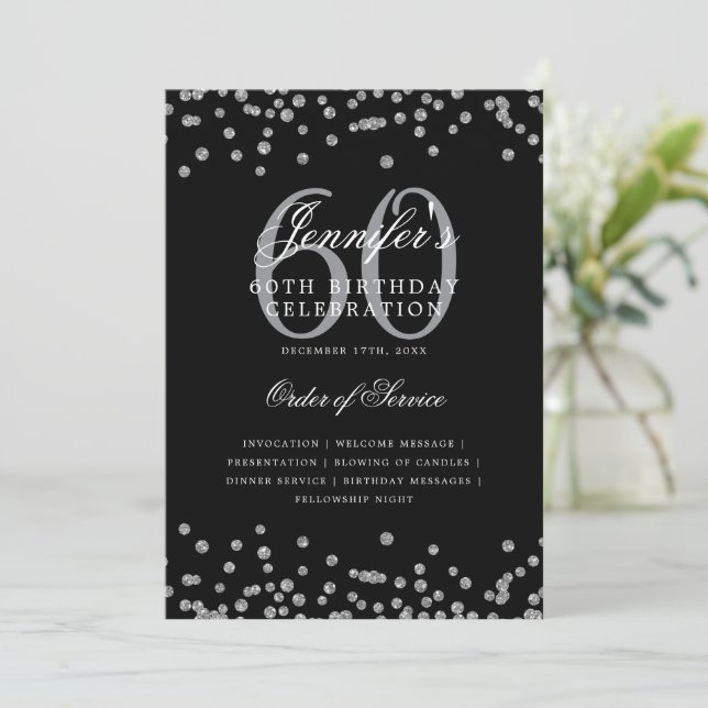 Elegant 60th Birthday Program Menu Silver Black Invitation (Standing Front)