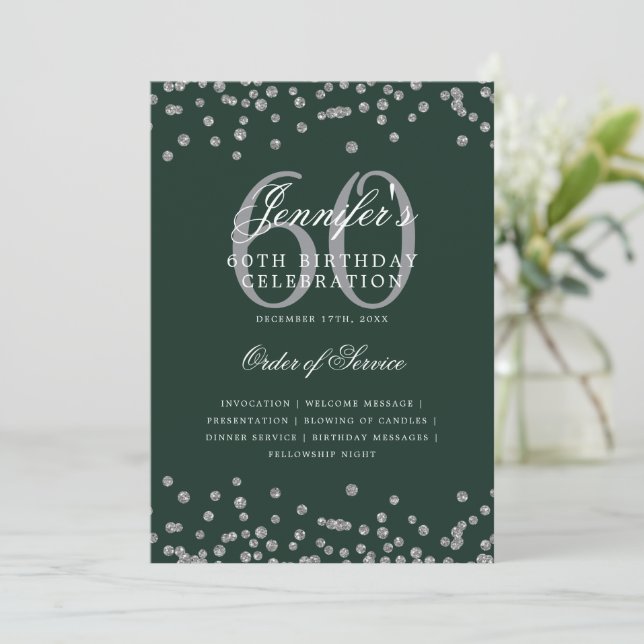 Elegant 60th Birthday Program Menu Silver Green  Invitation (Standing Front)