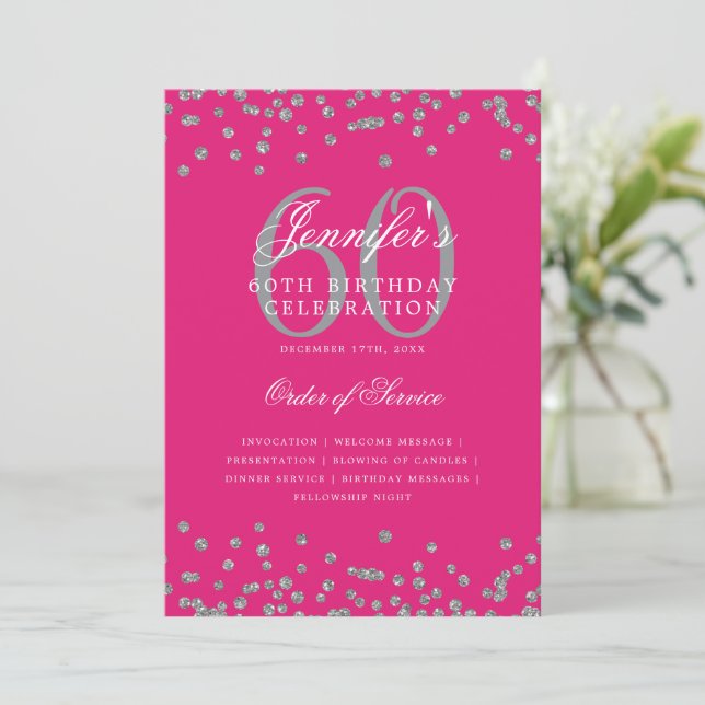 Elegant 60th Birthday Program Menu Silver Hot Pink Invitation (Standing Front)