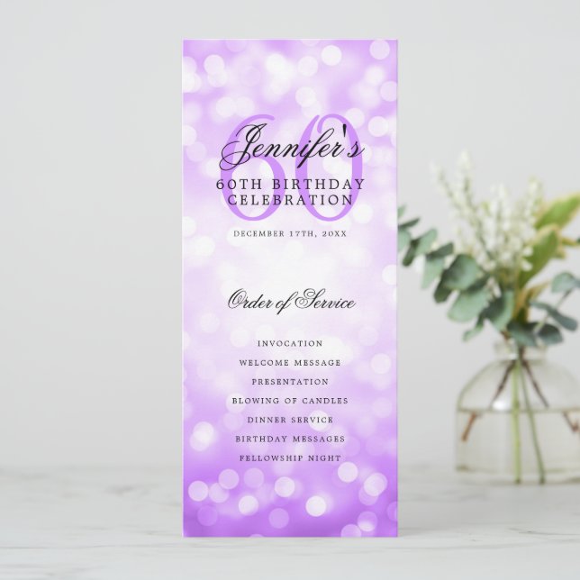 Elegant 60th Birthday Program Purple Bokeh Invitation (Standing Front)