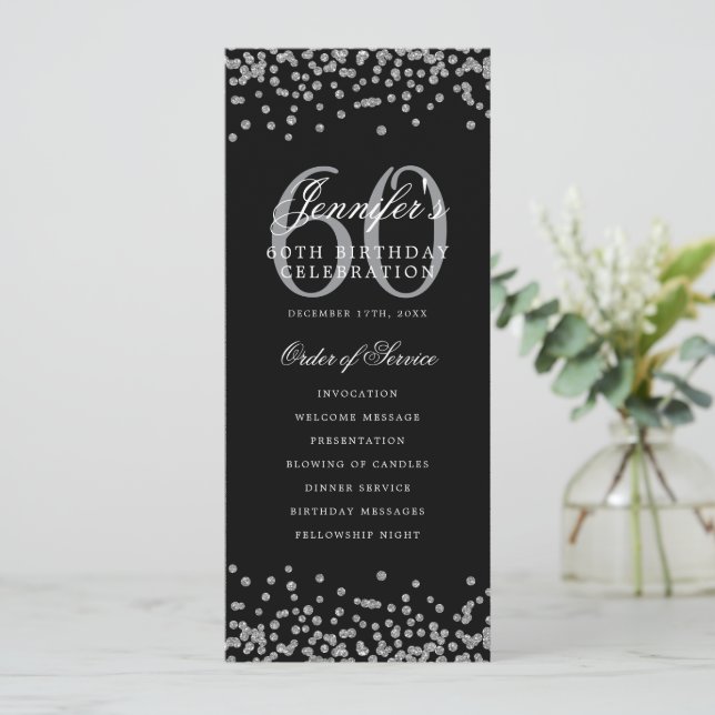 Elegant 60th Birthday Program Silver Confetti Menu Invitation (Standing Front)