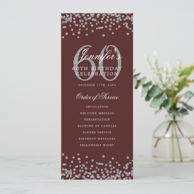 Elegant 60th Birthday Program Silver Menu Burgundy Invitation (Standing Front)