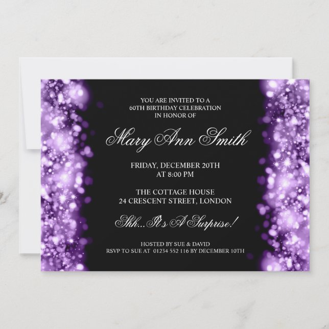 Elegant 60th Birthday Purple Sparkling Lights Invitation (Front)