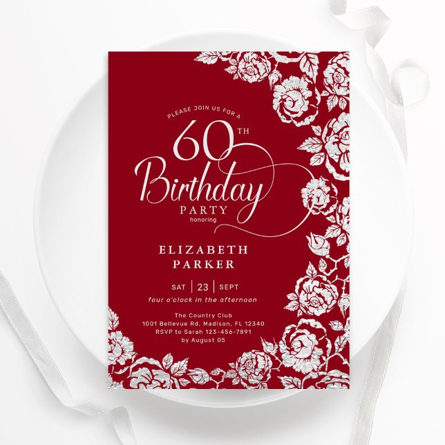 Elegant 60th Birthday Red Silver Roses Invitation (Creator Uploaded)