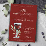 Elegant 60th Birthday Red Wine Surprise Party Invitation<br><div class="desc">Elegant 60th Birthday Red Wine Surprise Birthday Party Invitation. 60th birthday party invitation for her or him. Invitation with a red wine glass, roses and twigs on a red background. The text is fully customisable - personalise it with your name, any age - 30th 40th 50th 70th 80th 90th 100th,...</div>
