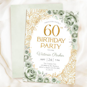 Elegant 60th Birthday Sage Green Gold Floral Invitation