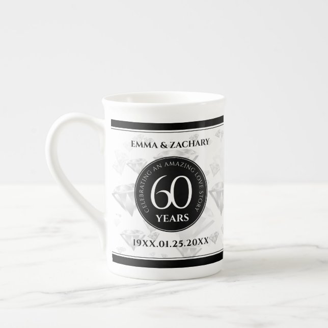 Elegant 60th Diamond Wedding Anniversary Bone China Mug (Left)
