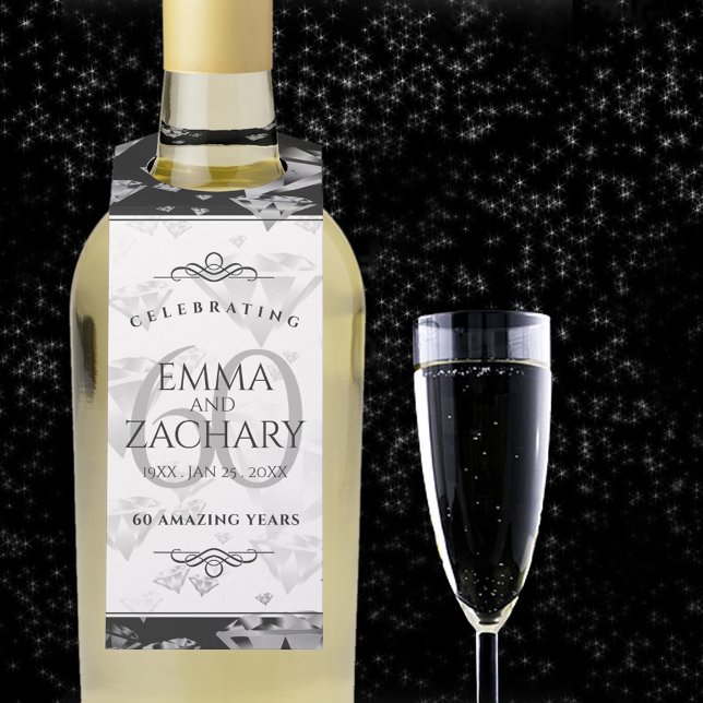 Elegant 60th Diamond Wedding Anniversary Bottle Tag (60th wedding anniversary bottle hanger with champagne flute on a starry night sky.)