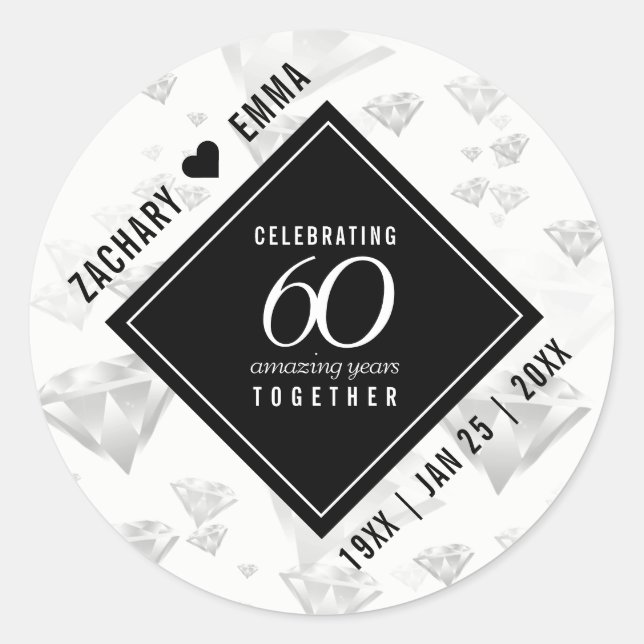 Elegant 60th Diamond Wedding Anniversary Classic Round Sticker (Front)