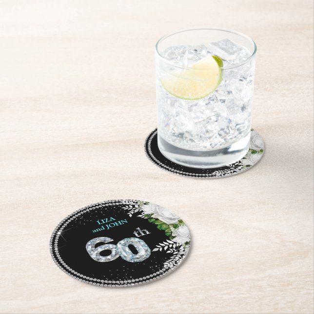 Elegant 60th Diamond Wedding Anniversary Round Paper Coaster (Insitu)