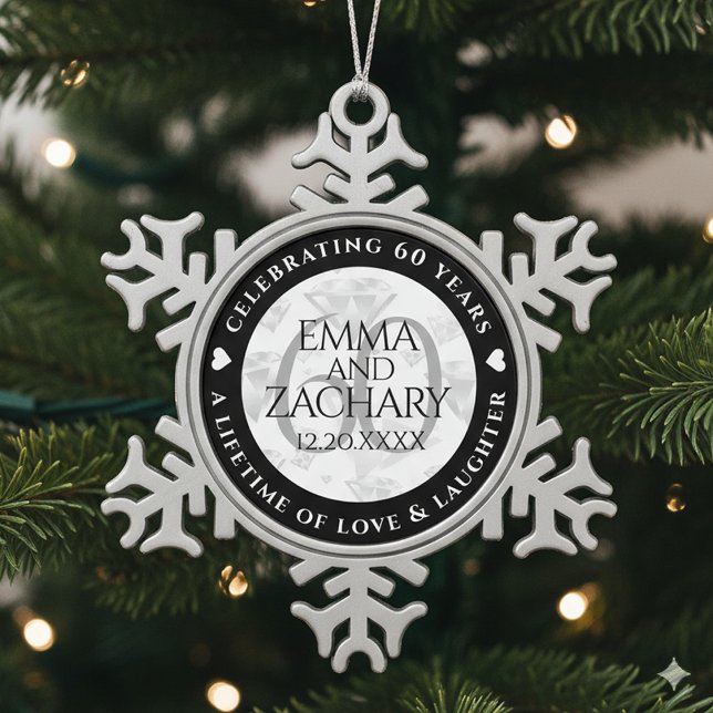 Elegant 60th Diamond Wedding Anniversary Snowflake Pewter Christmas Ornament (60th Diamond Wedding Anniversary Snowflake Pewter Ornament Cover Photo)