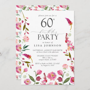 Elegant 60th Pink Watercolor Floral Birthday Invitation