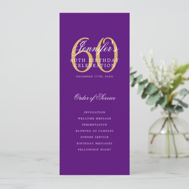 Elegant 60th Program Gold Purple Menu+Thank You Invitation (Standing Front)