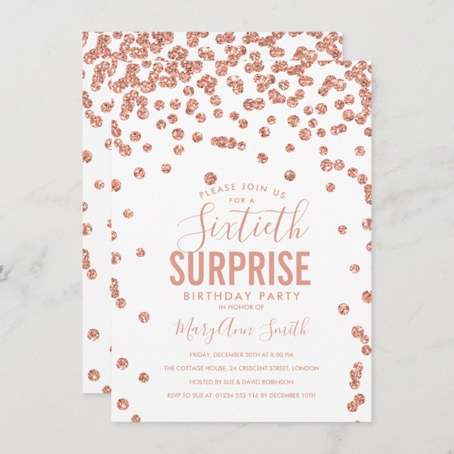 Elegant 60th Surprise Birthday Rose Gold Invitation (Front/Back)