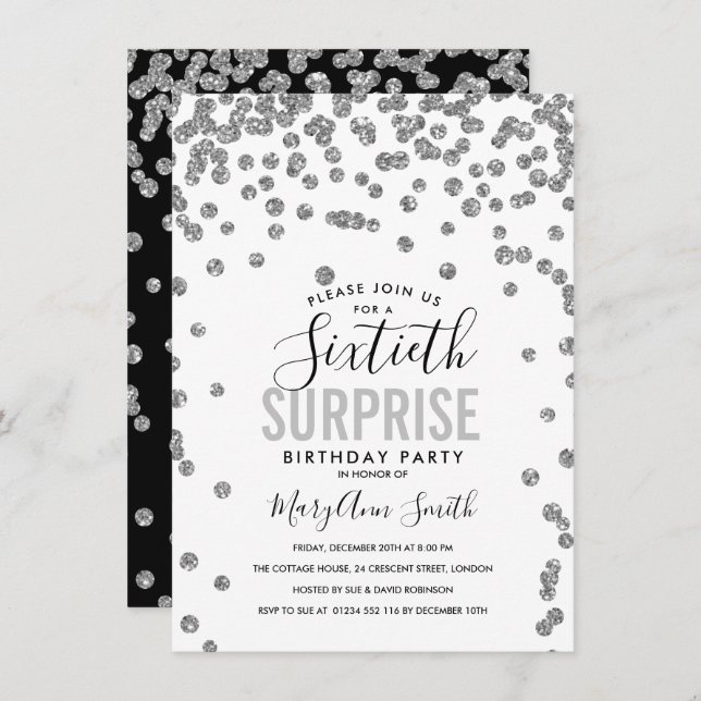 Elegant 60th Surprise Birthday Silver Invitation (Front/Back)
