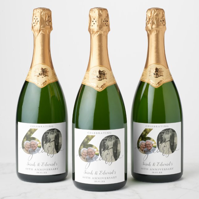 Elegant 60th Wedding Anniversary 2 Photo Sparkling Wine Label (Bottles)