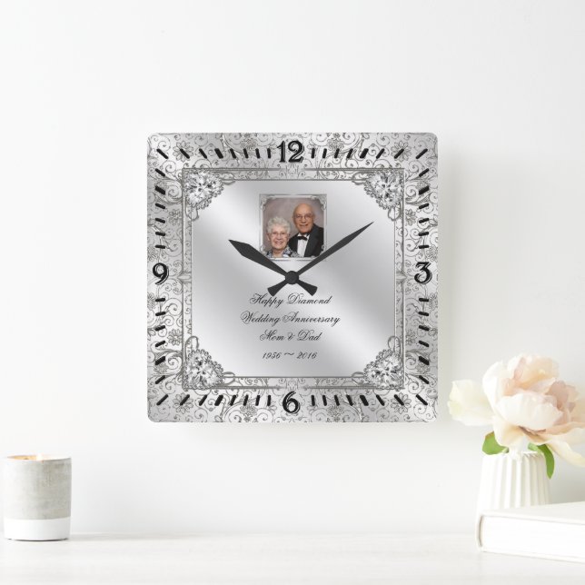 Elegant 60th Wedding Anniversary Photo Clock (Home)