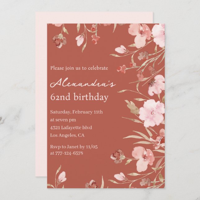 Elegant 62nd birthday invitations Floral Chic  (Front/Back)