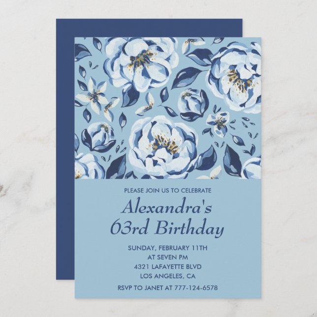 Elegant 63rd birthday invitations Floral Blue (Front/Back)