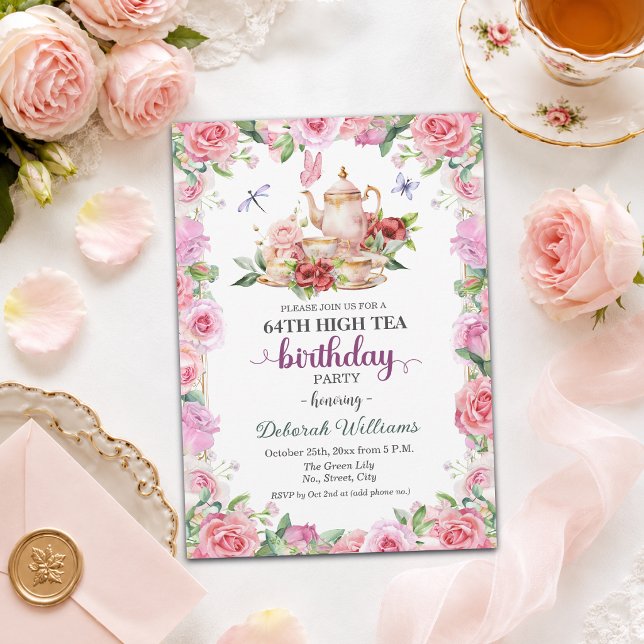Elegant 64th Birthday High Tea Party  Invitation (Creator Uploaded)