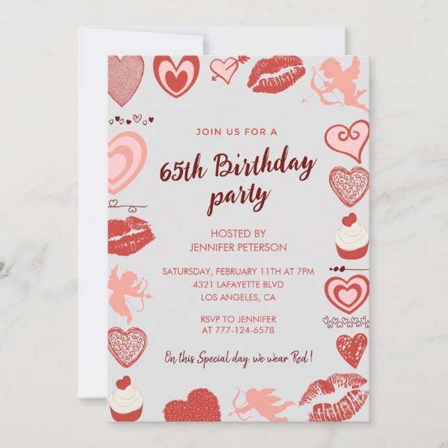 Elegant 65th birthday invitations Grey Red Hearts (Front)