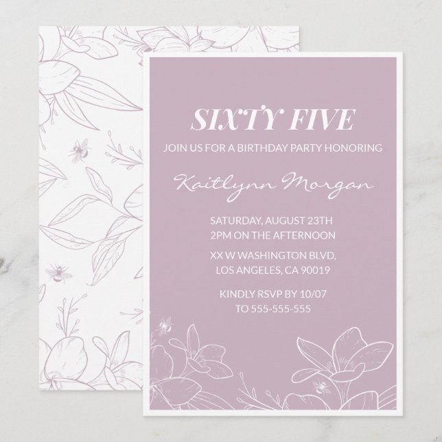Elegant 65th birthday invitations Modern Floral (Front/Back)