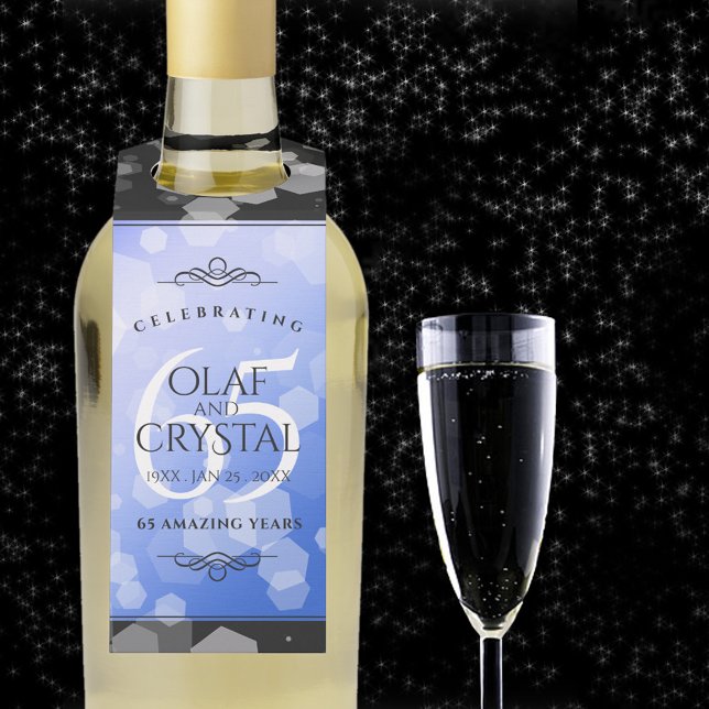 Elegant 65th Blue Sapphire Wedding Anniversary Bottle Tag (65th wedding anniversary bottle hanger with champagne flute on a starry night sky.)