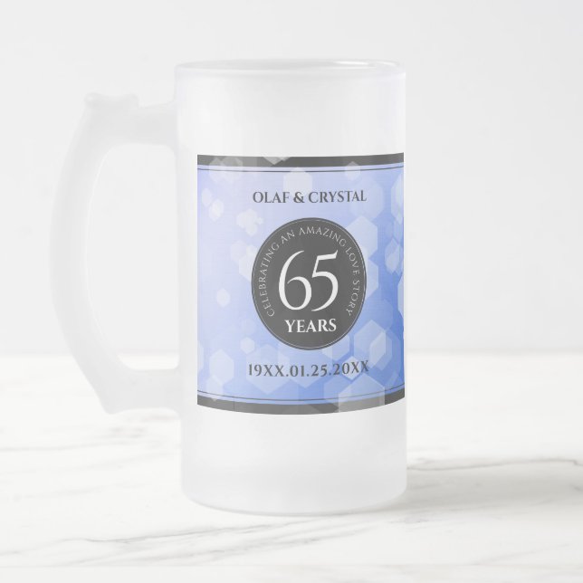 Elegant 65th Blue Sapphire Wedding Anniversary Frosted Glass Beer Mug (Left)
