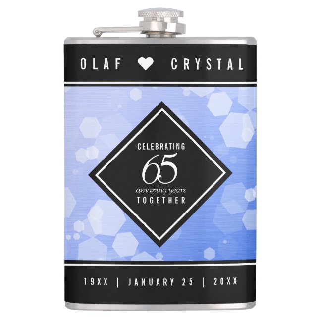Elegant 65th Blue Sapphire Wedding Anniversary Hip Flask (Front)