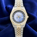 Elegant 65th Blue Sapphire Wedding Anniversary Watch<br><div class="desc">Celebrate the 65th blue sapphire wedding anniversary with this commemorative watch! Elegant lettering with hexagonal confetti on a sapphire blue background add a memorable touch for this special occasion and extraordinary milestone. Customise with couple's names,  dates of marriage,  and congratulatory messages.

Design © W.H. Sim. See more at zazzle.com/expressionsoccasions</div>
