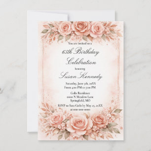 Elegant 65th Milestone Blush Rose Birthday Invitation