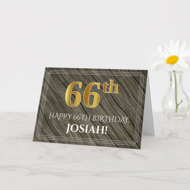 Elegant 66th Birthday: Faux Wood, Faux Gold Look Card (Small Plant)