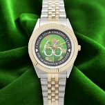 Elegant 66th Titanite Wedding Anniversary Watch<br><div class="desc">Celebrate the 66th titanite wedding anniversary with this commemorative watch! Elegant black and white serif lettering with gold-dusted hexagonal confetti on an india green background add a memorable touch for this special occasion and extraordinary milestone. Customize with the happy couple's names or initials, and add a date for their titanite...</div>