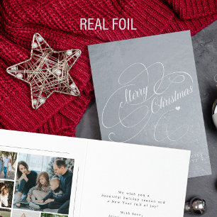 Elegant 6 family photos Merry Christmas script Foi Foil Card