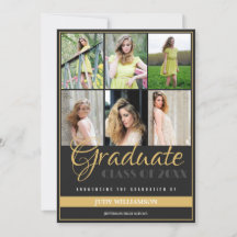Elegant 6 Photo Collage Black and Gold Graduation