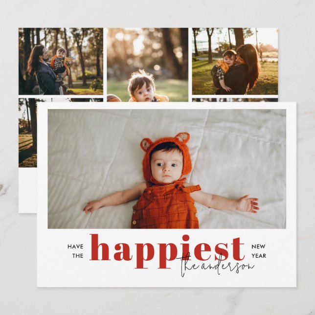 Elegant 6 Photo Collage Have the Happiest New Year Holiday Card (Front/Back)