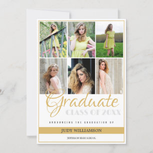 Elegant 6 Photo Collage White and Gold Graduation Announcement